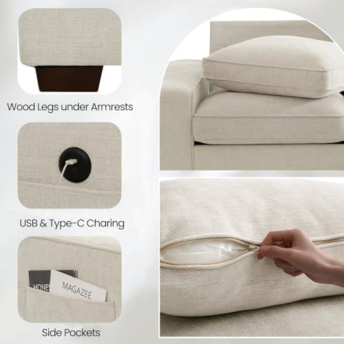 TEKAMON 73" Loveseat Sofa with Seat Storage, 2-Seater Modular Sofa Couch for Living Room, Chenille Fabric, Solid Wood Frame, Spring Cushions, USB Charging, Removable Covers, Side Pockets, Beige