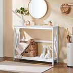 Yaheetech Narrow White Entryway Console Table, 2-Tier X-Frame Storage Shelf | Slim Depth Fits Small Entry Ways, Hallways and Living Rooms, Lower Tier for Storage and Decor, Rubber Wood and Particleboard