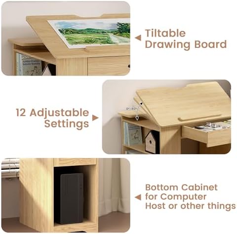 Drafting Table with Storage Cabinet & Drawers, Adjustable Drawing Desk with Open Shelves, Craft Table Painting Desk for Artists, Painters, Drawing, Crafting, Reading, Writing, Working