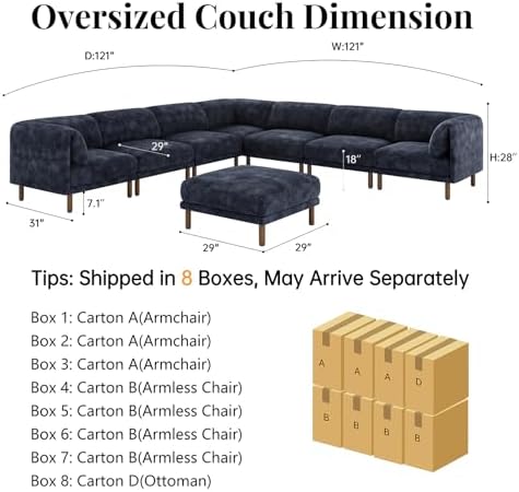 Cloud Sectional Couches for Living Room,Modular Sectional Sofa,Blue | Extra Deep 8 Seater,Mid Century Modern Oversized Couches With Ottoman,Solid Wood Leg,Large Sofa for Big Space,Office