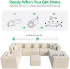 MONVANE Oversized Sectional Couch 10-Seat, Chenille, Beige | Sectional Couch for Living Room, Modular Cloud Sofa with Ottoman & 10 Throw Pillows, No Assembly Required