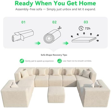 MONVANE Oversized Sectional Couch 10-Seat, Chenille, Beige | Sectional Couch for Living Room, Modular Cloud Sofa with Ottoman & 10 Throw Pillows, No Assembly Required