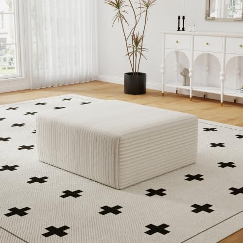 LUCKHAO 27.5" Ottoman Seat, Corduroy Upholstered Deep Seat, Comfy Cloud Couch with Movable Ottoman, DIY Combination, Plush Corduroy, White