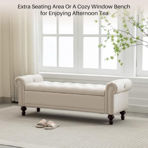 SOFTHION 58.1" Storage Bench for Bedroom, Linen Upholstered, Beige | End of Bedroom Bed Bench Ottoman with Tufted Cushioned Rolled Arm Large Storage Space for Reading/Living Room/Entryway