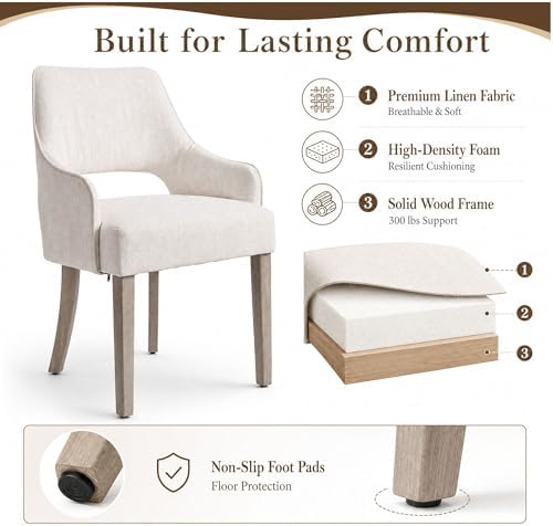 Dining Chairs Set of 6 Linen Upholstered Accent Kitchen Chair with Hollow Back/Padded Seat/Wood Legs for Dining Room Restaurant Home Decor, Beige