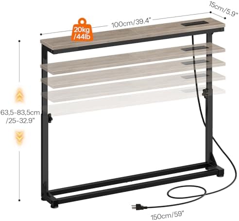 HOOBRO Narrow Console Table with Charging Station, Adjustable Height Sofa Table (25''-32.9''), Slim Behind Couch Table for Small Spaces, Entryway, Living Room, 39.4" Greige BG95UXG01