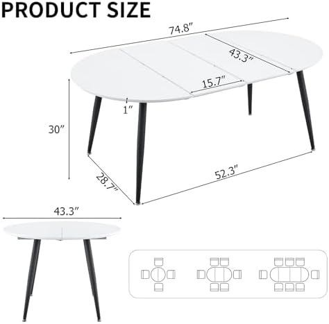 Round to Oval Extendable Dining Table for 4-8, 43" -75" Expandable Kitchen Table with Dual Extension Leaves, White Tabletop & Black Metal Legs, Space-Saving Modern Dining RoomTable, Easy Assembly