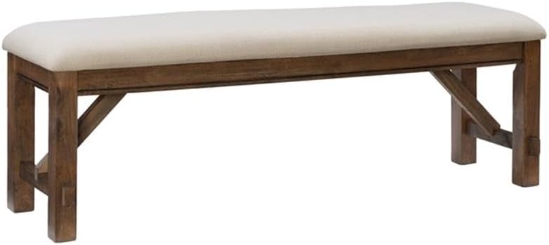 Pemberly Row 60" Wood/Fabric Bench, Rustic Umber Brown Finish, Tan Upholstered Seat, Durable Rubberwood Construction, Transitional Style Bench for Dining Room or Entryway Seating