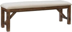 Pemberly Row 60" Wood/Fabric Bench, Rustic Umber Brown Finish, Tan Upholstered Seat, Durable Rubberwood Construction, Transitional Style Bench for Dining Room or Entryway Seating