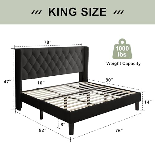 Feonase King Size Bed Frame with Wingback Tufted Headboard, Upholstered Platform Bed Frame with Heavy Duty Wooden Slats Support, Noise-Free, No Box Spring Needed, Easy Assembly, Black