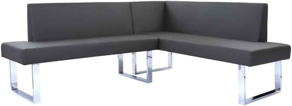 Pemberly Row Modern Faux Leather Corner Dining Bench, Chrome Legs and Gray Upholstery, Foam-Padded Seat, 81" W x 69" D x 33" H, Sturdy Kitchen Seating for 4 People, Indoor Use
