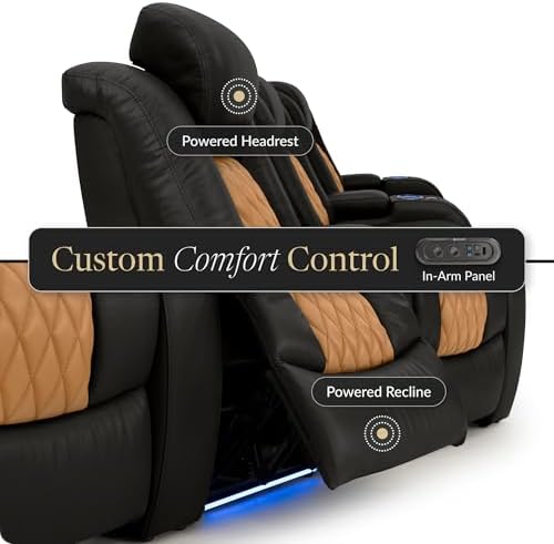 Seatcraft Diamante Black/Tan Oak Italian Leather Home Theater Seating, Zero Gravity Power Recliner, Gaming and Home Office Chair, Powered Headrest Furniture for Cinema Room, Row of 5 Middle Sofa