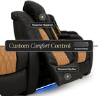Seatcraft Diamante Black/Tan Oak Italian Leather Home Theater Seating, Zero Gravity Power Recliner, Gaming and Home Office Chair, Powered Headrest Furniture for Cinema Room, Row of 5 Middle Sofa