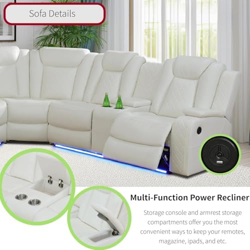 Power Recliner Sofa Sectional Sofa with LED Light for Living Room, Air Leather Reclining Corner Sectional Sofa Set, Cup Holder, Storage Console for Home Theater Seating (Ivory White, Sectional+Chair)