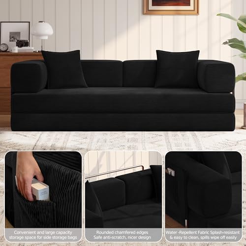 MoonSpeak 78.8'' Futon Sofa Bed, Couches for Living Room | Corduroy Convertible Futon Sofa Bed with Storage Pocket, Modular Sleeper Couch in a Box, No Assembly (Black)