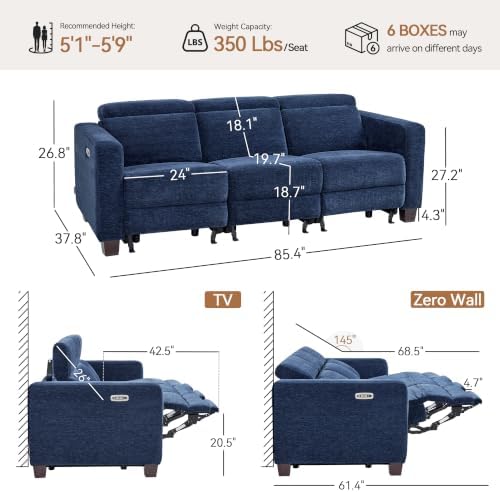 MCombo 85.4'' Zero Wall Hugger Power Recliner Sofa, HL198M3 (Navy Blue) | 3-Seater, Power Headrest, USB A & C Charge Ports, Solid Wood Legs, Small Spaces, Living Room, Chenille Fabric