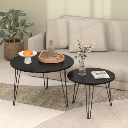 2 Piece Nesting Round Side Tables, Faux Marble Surface Nesting Coffee Table | Stackable Round Nesting Tables, Faux Marble Nesting Side Table Set, Metal Frame Coffee End Tables for Living Room Bedroom