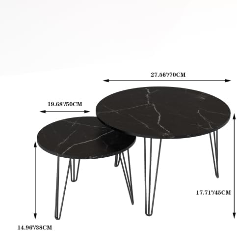2 Piece Nesting Round Side Tables, Faux Marble Surface Nesting Coffee Table | Stackable Round Nesting Tables, Faux Marble Nesting Side Table Set, Metal Frame Coffee End Tables for Living Room Bedroom