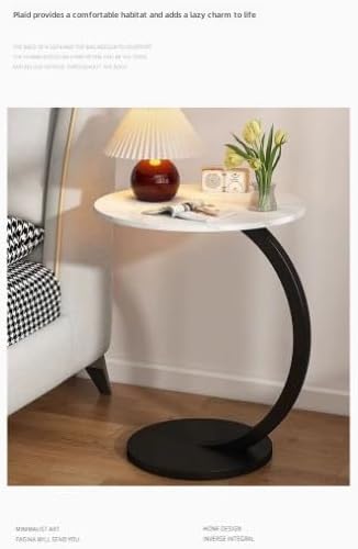 C-Shaped End Table Side Table Wood Sofa Table with Metal Frame for Living Room, Bedroom, Small Spaces (Snow Mountain White + Black Rack)