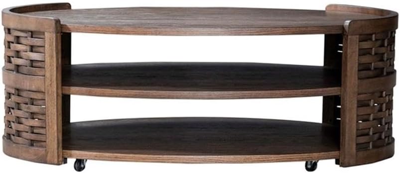 Pemberly Row 3 Piece Living Room Table Set, Rubberwood and Oak Veneer, Coffee Brown Finish, Includes Oval Cocktail Table with Casters and 2 Round End Tables, Basketweave Design, Shelves, Contemporary