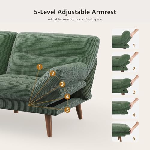 PERLECARE Convertible Futon Sofa Bed, 73" Corduroy Futon Couch with Adjustable Backrest and Armrests, 3-in-1Recliner Sleeper Sofa for Small Spaces, Play Room,Living Room or Office（73in,Green）