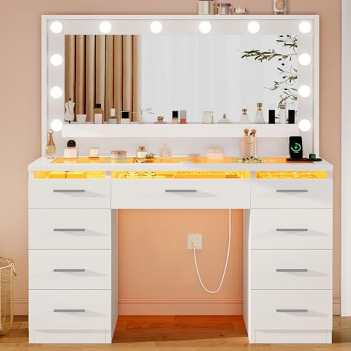 FINOESO Large Vanity Desk with Mirror and Lights, 3-Color LED, Makeup Vanity with Clear Glass Top & RGB Light, Vanity Table with 9 Drawers, Open Shelf, Power Outlet, Vanity for Women Bedroom, White