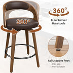 REONEY Swivel Bar Stools Set of 3, 26" Counter Height, Brown | Walnut Wood Legs, Upholstered Seat, Supportive Backrest, Mid-Century Modern, PU Leather, for Kitchen Island, Bar, Coffee Shop
