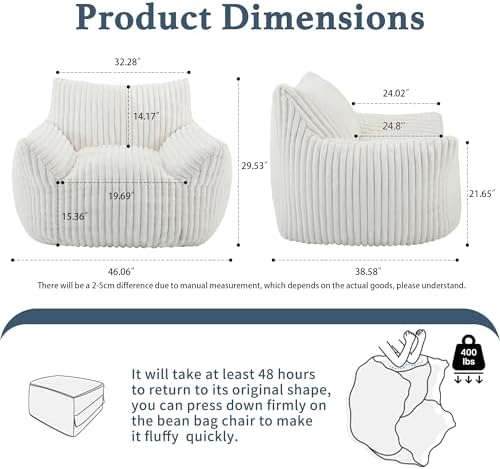 Giant Plush Bean Bag Chair for Adults with Armrests - Oversized Comfy Beige Beanbag Lounge Lazy Floor Sofa Accent Chair for Living Room, Bedroom & Dorm, Cozy Fluffy Single Cloud Mini Couch