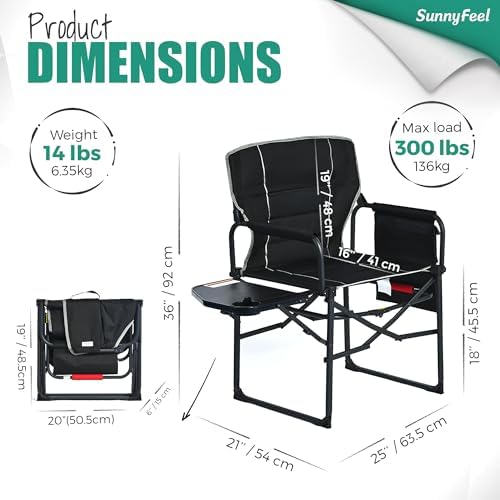 SUNNYFEEL Oversized Directors Camping Chair for Adults with Side Table | Padded Portable Folding Camp Chair Support 300LBS with Cup Holder, Side Pocket & Carry Bag, Black for Camping, RV, Lawn, Fish