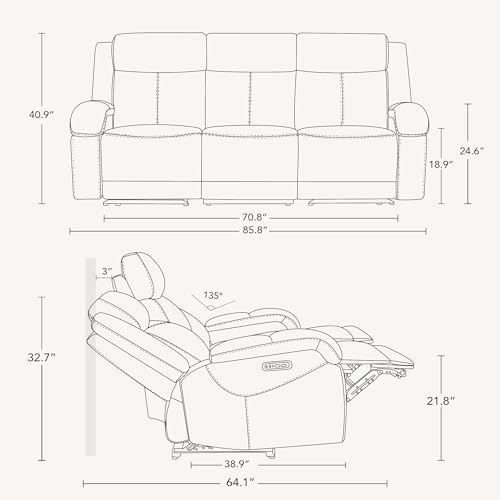 Watson & Whitely Genuine Leather Power Recliner Sofa & Loveseat Set, Cream | Wall Hugger Reclining Sofas, Power Headrest, Center Storage Console, Charging Ports, Cup Holders, Living Room Furniture Set