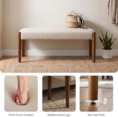 Usaint 42" End of Bed Bench with Wood Legs, Beige with Walnut Leg | Modern Upholstered Bedroom Bench with Rubberwood Legs, Entryway Bench with Cushion, Dining Bench for Living Room, Bedroom
