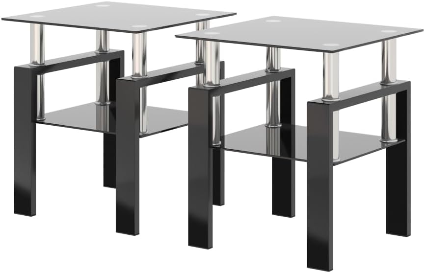 Set of 2, Modern Tempered Glass Tea Table Coffee Table End Table, Square Table for Living Room, Black