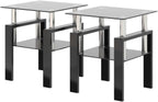 Set of 2, Modern Tempered Glass Tea Table Coffee Table End Table, Square Table for Living Room, Black