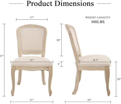 Kmax French Dining Chairs Set of 2, Farbric Upholstered Dining Chairs with Elegant Curved Legs High Back Armless Kitchen Chairs Side Chairs for Dining Room Restaurant - Linen, Beige/Natural Legs