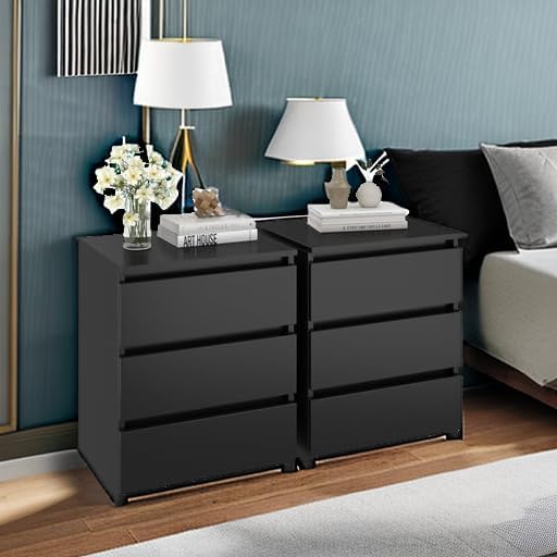 FOTOSOK Nightstands Set of 2, Black Nightstand with 3 Drawers for Bedroom | Black Nightstand Set of 2 for Bedroom, Handless Bedside Table with Silent Design, Side End Table for Small Spaces/Apartment