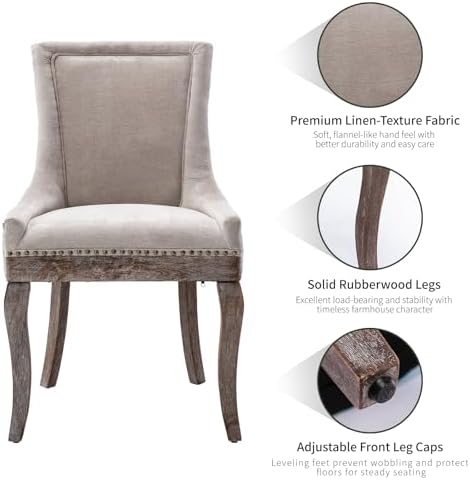 Modern Dining Chairs Set of 2, Fabric Upholstered High Back Chairs with Nailhead Trim and Curved Solid Wood Legs, Sillas de Comedor Accent Chairs for Dining Room, Beige