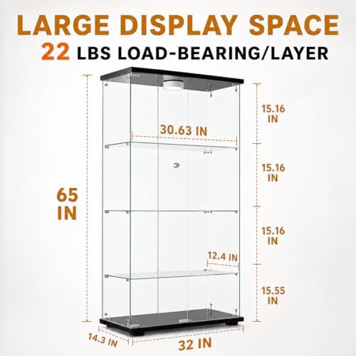 Glass Display Cabinet 4-Shelf 2 Doors with LED Push Light Lockable Glass Display Case with 4mm Tempered Glass Floor-Standing Bookshelf for Bedroom, Living Room, Black