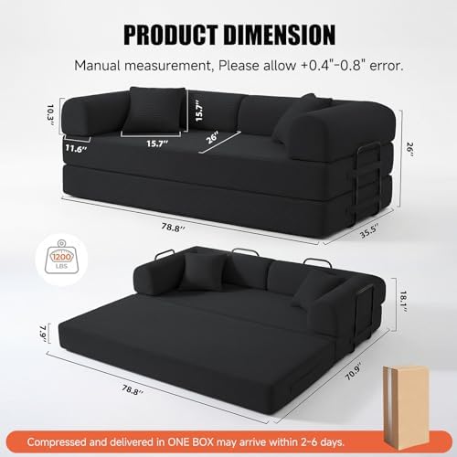 79" Sofa Bed,Convertible Futon Sofa Bed, Couch for Living Room | 6-In-1 Convertible Sofa Bed,Corduroy Futon Sleeper Sofa,Modular Pull Out Couches for Bedroom,Lounge,No Assembly Black Couch