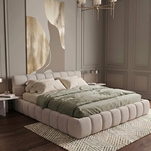 Chenille Fabric Upholstered Platform Bed Frame with Soft Headboard, Modern Low Profile Grounded Design, No Box Spring Needed, Sturdy MDF & Wood Frame, Neutral Style, Beige, Queen
