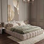 Chenille Fabric Upholstered Platform Bed Frame with Soft Headboard, Modern Low Profile Grounded Design, No Box Spring Needed, Sturdy MDF & Wood Frame, Neutral Style, Beige, Queen