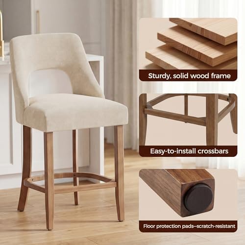 UVV Bar Stools Set of 4, Upholstered Counter Height Bar Stools, Modern Counter Stools with Wood Legs for Kitchen Island Dining Room Bar, Beige
