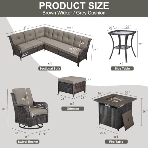 Belord Patio Furniture Set with Fire Pit Table,8 Piece Wicker Outdoor Furniture Set, Swivel Rocker Chairs with Ottomans and Sectional Couch, All Weather Patio Conversation Set,Brown Wicker/Gray