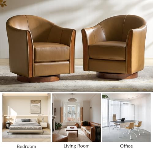 HULALA HOME Leather Swivel Accent Chair with Wood Base Set of 2, Camel | 360-degree Round Swivel Barrel Chair for Living Room Bedroom Apartment