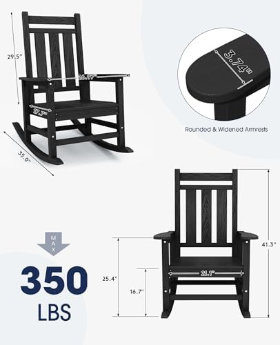 KINGYES Oversized Outdoor Rocking Chair Set of 2, HDPE Patio Rockers, Black | | All-Weather Patio Rocking Chairs for Porch | High Back & Wide Seat for Garden, Lawn