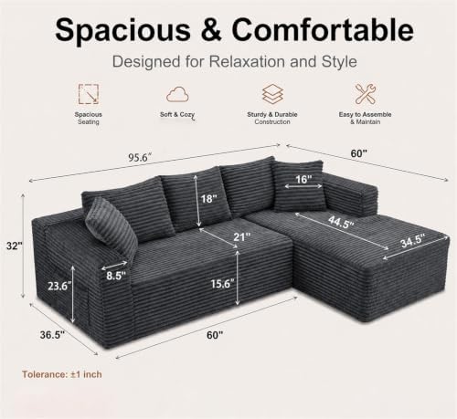 Cloud Sectional Couches with Oversized Chaise for Living Room, Modular L Shaped Couch with Deep Seat, Memory Foam Compressed 3 Seater Sofa for Apartment