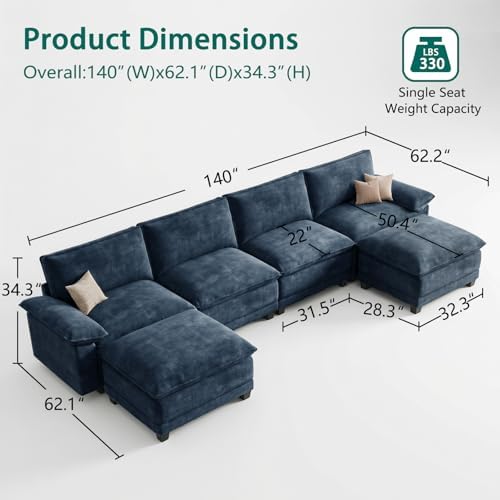 140" Modular Sectional Couch, U Shaped Cloud Sofa for Living Room | Comfortable Foam Cushions, Sturdy Frame, Appealing Appearance, Easy Assembly, Soft Chenille, Modular Design, Blue