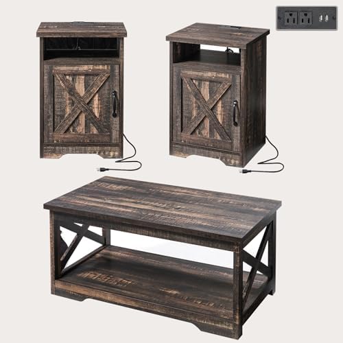 AMERLIFE 3 Piece Farmhouse Living Room Coffee Table Set, Dark Oak | Coffee Table & 2 End Tables with Charging Station and USB Ports, Farmhouse Style, Barn Door Design, Living Room Furniture
