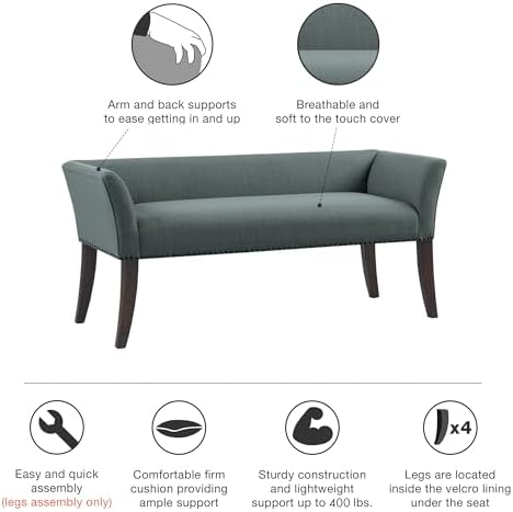 Madison Park Accent Bench, Upholstered with Nailhead Trim, & Padded Seat Entryway Bench Small, End of Bed Bench with Back, 49.5" W x 19.25" D x 23" H, Slate Blue