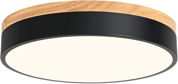 Dimmable Modern Wood Ceiling Light, Black LED 5CCT 2700K-6000K Flush Mount Ceiling Lighting Fixture, Round Light Fixtures for Kitchen Entryway Hallway Bedroom Laundry Room-11.8in
