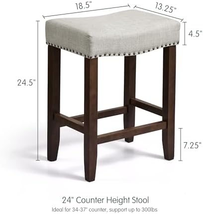 CHUN YI Bar Stools Set of 2, 24 Inch Counter Height Saddle Stools with Nailhead Trim, Backless Upholstered Barstools for Kitchen Island with Wooden Legs, Light Grey, 2 Pack
